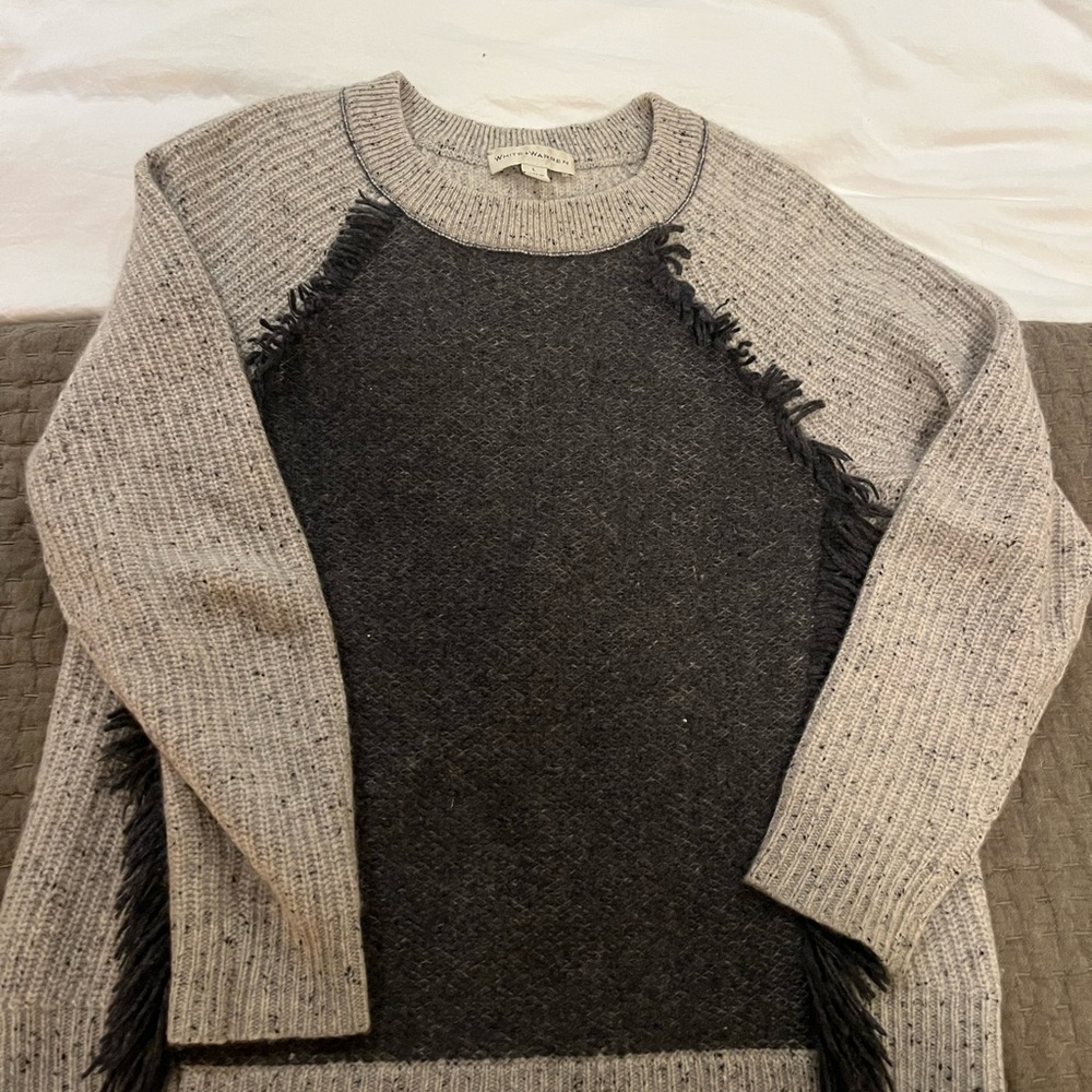 White + Warren Grey Fringe 100% Cashmere Sweater Size Large